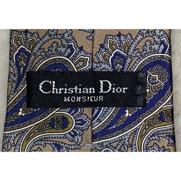 CHRISTIAN DIOR MONSIEUR Mens’ Tan Blue Paisley 100% Silk Neck Tie - Picture 4 of 5